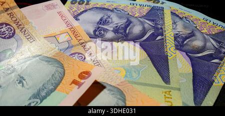 Gros plan de l'argent roumain. Les notes présentent des symboles culturels et nationaux associés à la Roumanie Banque D'Images