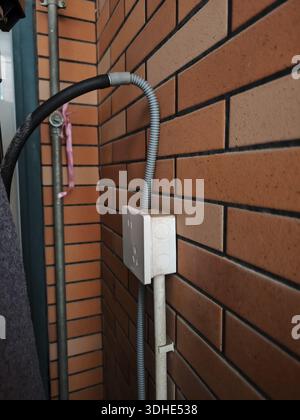 Conduit électrique et boîte de jonction montés sur un mur de briques Banque D'Images