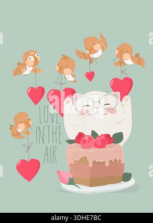 Illustration avec des oiseaux mignons tenant des coeurs roses au-dessus du chat blanc et du gâteau. Saint-Valentin Illustration de Vecteur