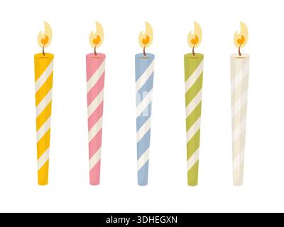 Ensemble de cinq bougies rayées d'anniversaire avec des flammes. Illustration vectorielle plate dans des couleurs pastel douces. Objet de fête décoratif pour gâteaux, invitations, carte Illustration de Vecteur