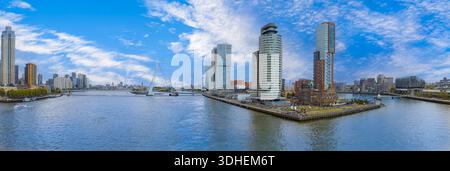 Un panorama à couper le souffle sur les gratte-ciel de Rotterdam avec une architecture moderne imposante le long du fleuve sous un ciel bleu vif, mettant en valeur la ville Banque D'Images