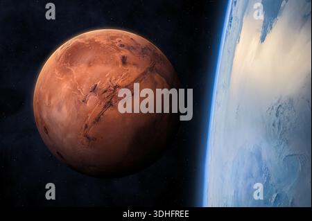 Belle planète bleue Terre et planète rouge mars dans l'espace extra-atmosphérique. Vue au lever du soleil de la planète Terre depuis l'espace. Cette image éléments fournis par la NASA. Banque D'Images