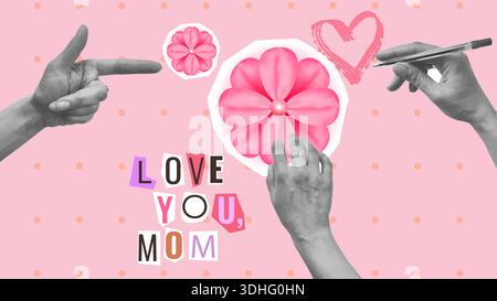Fête des mères collage fleurs les coeurs aiment maman. Pour poster carte graphique de médias sociaux ou conception Web dans les campagnes de marketing. Illustration vectorielle. Illustration de Vecteur