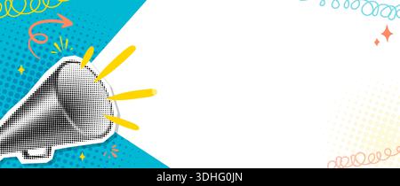 Megaphone Pop Art Halftone annonce collage bannière avec espace de copie, Doodle Scribbles. Zone de discours du haut-parleur pour message promotionnel affiche marketing vente texte d'attention. Illustration vectorielle Illustration de Vecteur