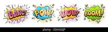 Bang Pow Wow Boom lettrage dans des bulles de discours vibrantes explosives Comic. Effets sonores Pop Art en style demi-ton rétro. Formes d'explosion lumineuses colorées pour autocollants et affiches. Illustration vectorielle Illustration de Vecteur
