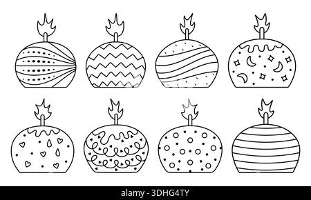 Bougie ronde ligne noire gribouille avec des motifs psychédéliques abstraits. Différentes icônes de bougie décoratives avec de la cire fondue et de la flamme. Vecteur de signe de contour s Illustration de Vecteur