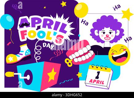Bonne illustration de célébration du jour des fous d'avril mettant en vedette Un chapeau Jester et une boîte surprise pour tromper les gens dans un fond de style de vacances Flat Cartoon Illustration de Vecteur