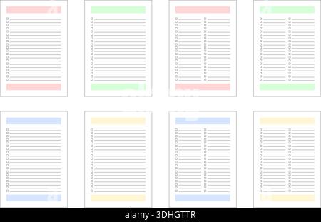 Ensemble de huit modèles de page de document colorés avec mise en page structurée, barres de titre et blocs de texte modifiables dans un design plat épuré. Vecteur. Illustration de Vecteur