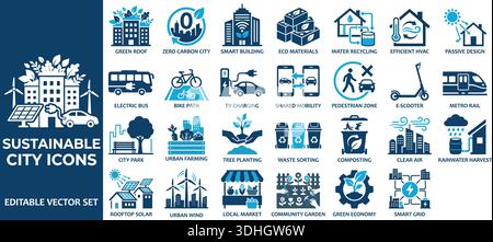 Ensemble vectoriel d'icônes illustrant les éléments durables de la ville comme les toits verts et les bus électriques. Idéal pour promouvoir un aménagement urbain respectueux de l'environnement. Illustration de Vecteur