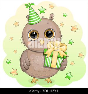 Carte d'anniversaire avec chouette dessin animé et cadeau. Illustration vectorielle animale sur fond vert avec des étoiles. Illustration de Vecteur