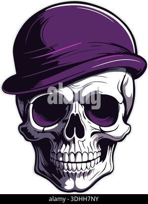 Un crâne dans un chapeau, orné d'éclaboussures violettes audacieuses pour un effet artistique unique. Illustration de Vecteur