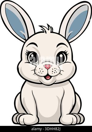 Illustration vectorielle d'un lapin blanc souriant avec de grands yeux doux, de longues oreilles bleues et un nez rose, dans un style de dessin animé, sur un fond noir. Costume Illustration de Vecteur