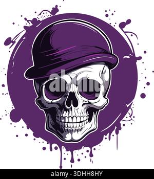 Un crâne dans un chapeau, orné d'éclaboussures violettes audacieuses pour un effet artistique unique. Illustration de Vecteur