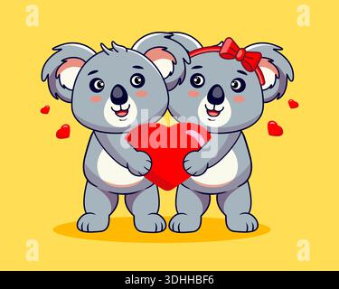Couple mignon Koala tenant un cœur rouge illustration vectorielle dessin animé Illustration de Vecteur