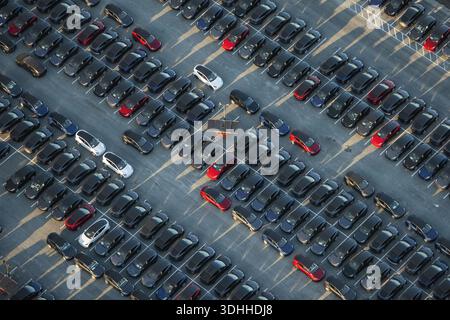 Vue aérienne d'une vaste impasse ordonnée de voitures nouvellement fabriquées en rangées soignées, brillantes sous le soleil, une symphonie de teintes sombres ponctuées de vives Banque D'Images