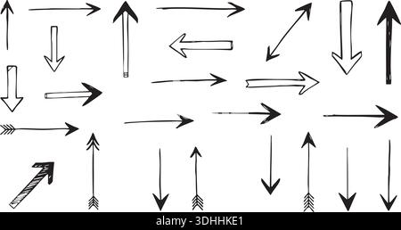 Une collection complète de flèches noires dessinées à la main avec différents styles et directions pour une utilisation graphique polyvalente. Ces esquisses, Illustration de Vecteur