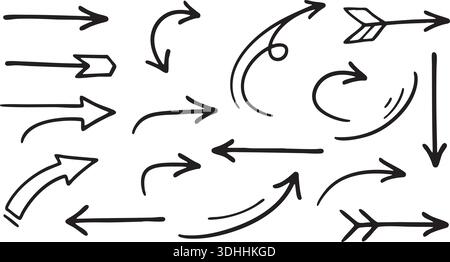 Une collection complète de flèches à l'encre noire dessinées à la main avec différents styles, des lignes droites aux boucles organiques. Idéal pour les concepteurs ayant besoin d'un Illustration de Vecteur