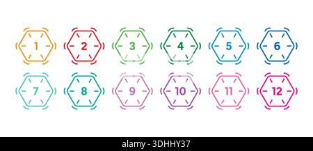 Ensemble de nombres, nombres colorés, symboles de nombres icône de vecteur de chiffres avec cercle coloré, ensemble de nombres géométriques colorés sur fond blanc Illustration de Vecteur