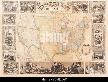 Cette carte picturale complète des États-Unis de 1848, publiée à New York, présente l'étendue géographique du pays ainsi que des moments et des personnages historiques clés. Autour de la carte centrale se trouvent des vignettes détaillées illustrant des événements importants de l'histoire américaine, de la découverte et du conflit à la signature de la Déclaration d'indépendance. L'œuvre offre un riche aperçu historique du milieu du XIXe siècle. Banque D'Images