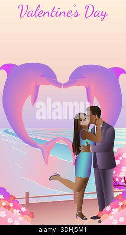 Couple noir romantique embrassant par la mer avec fond de coeur de dauphins. Motif Saint-Valentin avec espace copie. Illustration vectorielle verticale. Illustration de Vecteur