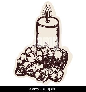 Bougie d'église chrétienne allumée avec illustration clip art feuillage. Graphique chrétien religieux noir et blanc dessiné à la main pour la retraite, la réflexion Illustration de Vecteur