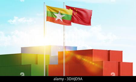 Logistique, fret et relations maritimes entre le Myanmar et la Chine. Importation et exportation de marchandises et de matières premières. Concept d'entreprise et de collaboration. Banque D'Images