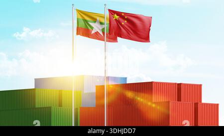 Logistique, fret et relations maritimes entre le Myanmar et la Chine. Importation et exportation de marchandises et de matières premières. Concept d'entreprise et de collaboration. Banque D'Images