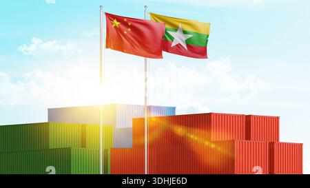 Logistique, fret et relations maritimes entre le Myanmar et la Chine. Importation et exportation de marchandises et de matières premières. Concept d'entreprise et de collaboration. Banque D'Images