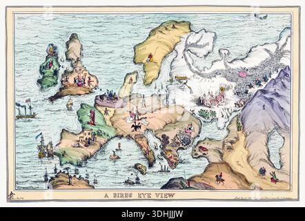 Cette carte caricaturale d'environ 1825 couleurs à la main, intitulée « vue à vol d'oiseau », représente l'Europe avec des pays personnifiés par des figures allégoriques et une satire politique. Publié par I. McLean à Londres, il offre une perspective humoristique et critique sur le paysage géopolitique du continent à l'époque post-napoléonienne, mettant en valeur diverses Nations engagées dans des activités caractéristiques ou confrontées à des défis spécifiques. Banque D'Images