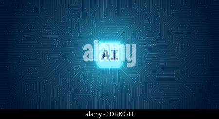 Carte de circuit imprimé ai bleue futuriste avec lignes de données lumineuses et concentrateur central de micropuce. Modèle numérique abstrait avec des systèmes cpu intelligents, des réseaux cloud et Illustration de Vecteur