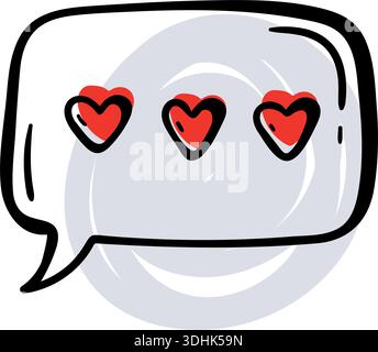Bulle de discours avec trois coeurs au lieu de points, chat romantique et concept de message d'amour virtuel, doodle dessiné à la main. Illustration de Vecteur