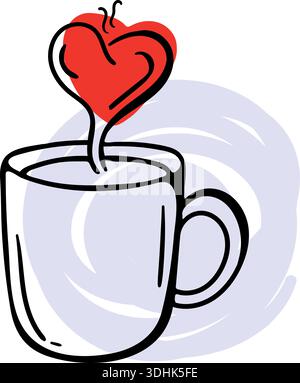 Tasse de café avec vapeur en forme de cœur, rituel matinal romantique et concept d'amour à longue distance, doodle dessiné à la main. Illustration de Vecteur