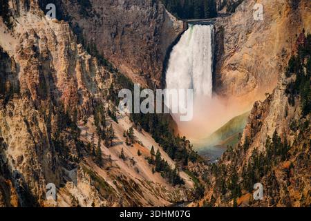 Vue aérienne de Lower Falls plongeant dans le Grand Canyon du Yellowstone, une scène majestueuse avec un arc-en-ciel à la base, Yellowstone National Park, Banque D'Images