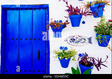 Porte peinte en bleu dans une maison blanchie à la chaux avec des pots de fleurs peints en bleu sur le mur blanc. Iznájar, Córdoba, Andalucía, Espagne, Europe Banque D'Images
