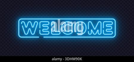 Signe vectoriel néon bleu montrant le mot de bienvenue avec une lueur douce. La typographie conviviale crée une atmosphère accueillante pour les entrées, les sites Web et le numérique Illustration de Vecteur