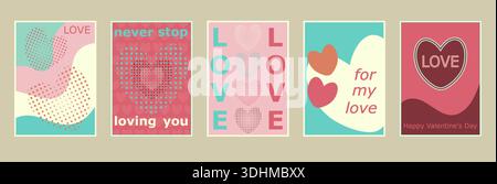 Un ensemble de cinq cartes ou affiches de Saint-Valentin dans un style rétro simple et une palette de couleurs avec des inscriptions et des coeurs. Parfait pour salutations, Adversi Illustration de Vecteur