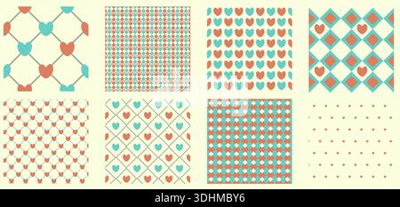 Un ensemble de 8 motifs géométriques transparents sans couture avec des coeurs et des carrés, colorés dans des couleurs rétro. Ces motifs simples sont parfaits pour la Saint-Valentin Illustration de Vecteur