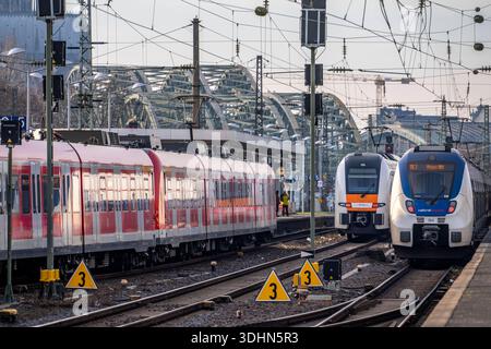 Regionalzüge im Bahnhof Köln-Messe/Deutz, 2. größter Bahnhof in Köln, Umsteigebahnhof zwischen dem Fern- und Nahverkehr, Messebahnhof, 8 Bahnsteiggleise, NRW, Allemagne, Zugverkehr Köln *** trains régionaux à la gare de Cologne Messe Deutz, 2ème plus grande gare de Cologne, station de transfert entre les transports longue distance et locaux, gare des foires commerciales, 8 voies de quai, NRW, Allemagne, service de train de Cologne Banque D'Images