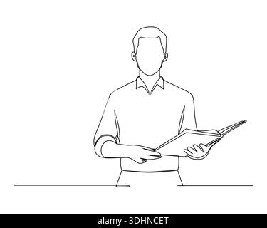 Illustration d'art en ligne continue d'un homme tenant un livre ouvert, symbolisant les concepts d'éducation, de lecture et d'acquisition de connaissances dans un minimaliste Illustration de Vecteur