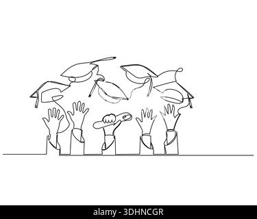 Dessin à une seule ligne représentant plusieurs mains lançant des casquettes de remise des diplômes en l'air, symbolisant les résultats scolaires et la joie de terminer Illustration de Vecteur
