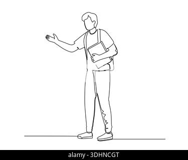L'illustration stylisée montre une jeune personne, peut-être un étudiant, debout avec un sac à dos et des livres, faisant un geste clair de la main Illustration de Vecteur