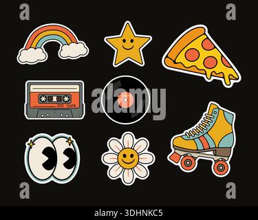 Ensemble d'autocollants ludiques avec arc-en-ciel, étoile, pizza, cassette, vinyle, Eyes, Daisy et Roller Skate. Collection d'autocollants rétro Groovy Illustration de Vecteur