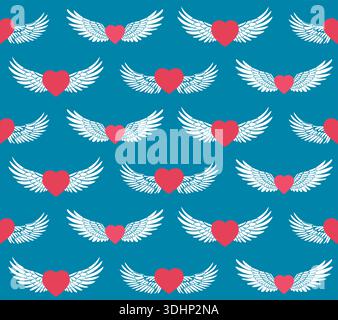Vecteur modèle sans couture avec des coeurs avec des ailes d'ange sur fond bleu. Texture festive avec symbole d'amour dans l'air pour papier peint et tissu Illustration de Vecteur