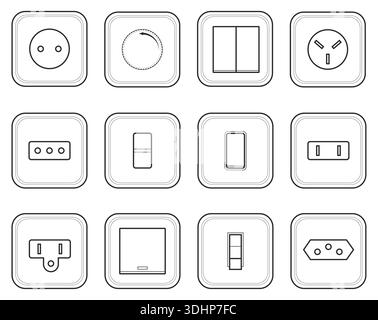 Changer d'icône de ligne. Différents types de boutons-poussoirs électriques, prises, voyant d'alimentation, connexion on OFF, poussoirs et twirlers, installation électrique, variateur Illustration de Vecteur