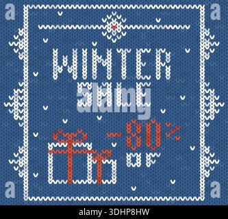 Affiche de vente de polices tricotées. Lettres de pull moche, carte de réduction, prix en baisse d'hiver, modèle de flyer cadeau, promotion saisonnière, flocons de neige allumés Illustration de Vecteur