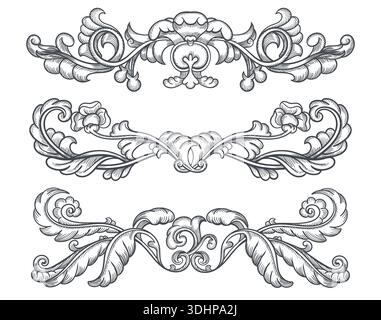 Frontières baroques. Élégants séparateurs vintage, éléments gravés floraux victoriens, livres rétro décoratifs imprime un design dessiné à la main, symétrie rococo Illustration de Vecteur
