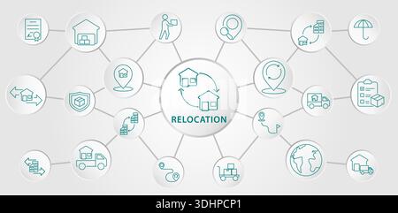 Style infographique. Icône vectorielle définie sur la relocalisation à des fins de présentation, et autre. Illustration de Vecteur