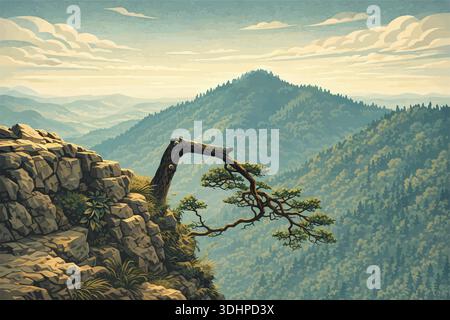 Une vue spectaculaire de Sokolica dans les montagnes Pieniny, avec son emblématique pin tordu accroché à une falaise rocheuse au-dessus de profondes vallées boisées Illustration de Vecteur