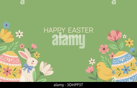 Modèle de bannière de vœux de Pâques. Fond vert avec lapin de dessin animé, oiseau et œufs décorés Illustration de Vecteur