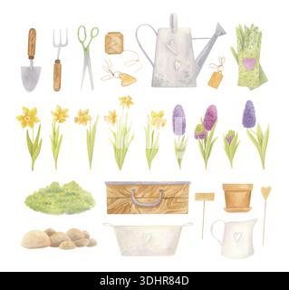 Ensemble clipart aquarelle avec outils de jardin, pots de fleurs et fleur de printemps. Collection de jardinage dans le style vintage isolé sur blanc. Banque D'Images